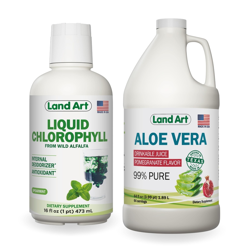 Land Art Aloe Vera Juice - Pomegranate Flavored - Kalt verarbeitet - Innere Filet aus Bio-Frischblättern - 64floz + flüssige Chlorophyll Mint Flavored - Kalt Aus Wild Non-GMO Alfalfa - 16floz