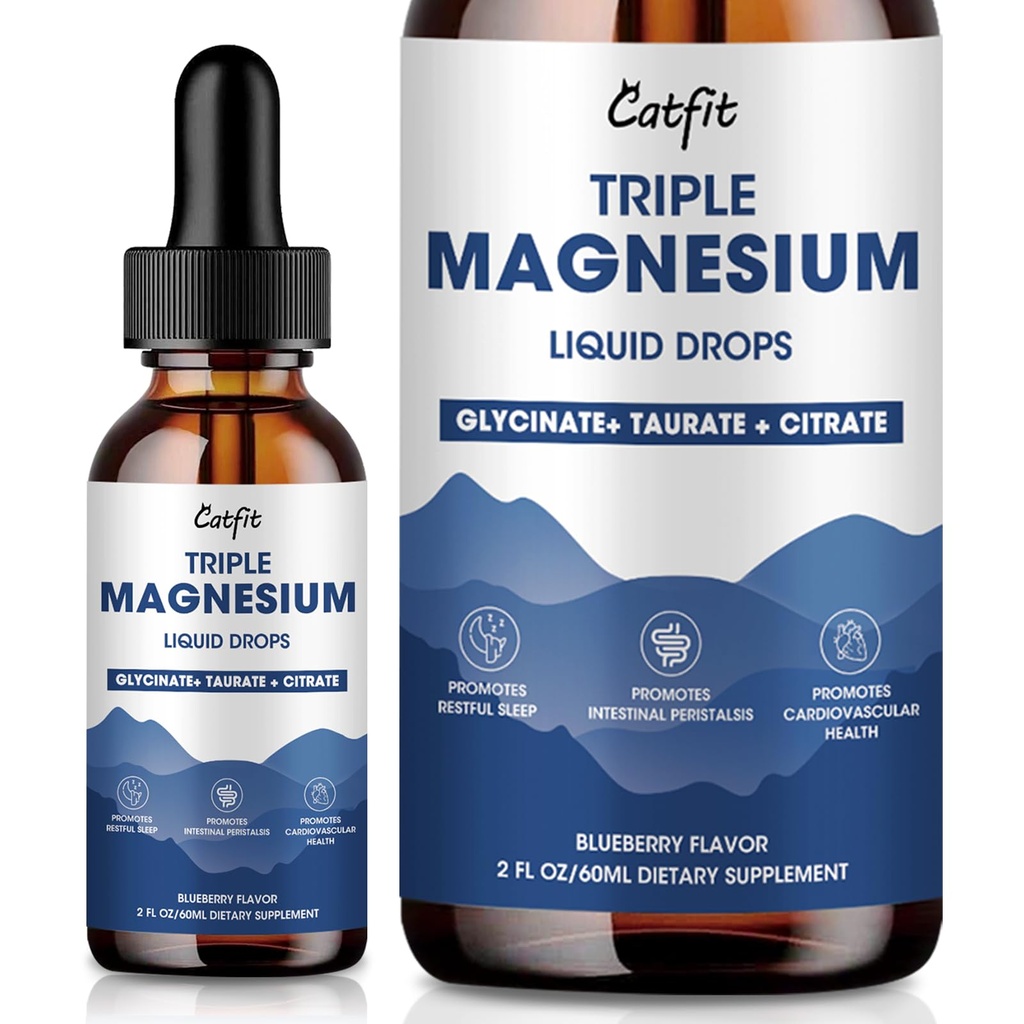 Magnesium Glycinate Flüssigkeitstropfen mit Taurate & Citrate, Magnesium Ergänzung für Schlaf, Beruhigung & Entspannung, mit Kalium & Omega-3, Hochabsorption Formel, Blaubeeren Geschmack, 2 Fl Oz