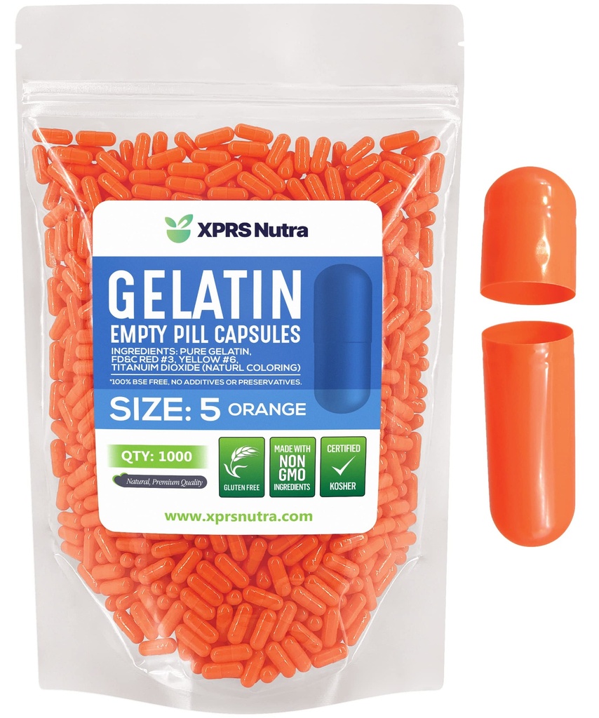 XPRS Nutra Größe 5 Leere Kapseln - 1000 Graf Sehr kleine leere Gelatine Kapseln - Pillen DIY Kapsel Füllung - Fillable Pillen Gel Kapseln für Do-It-Yourself Vitamin Supplements (Orange)