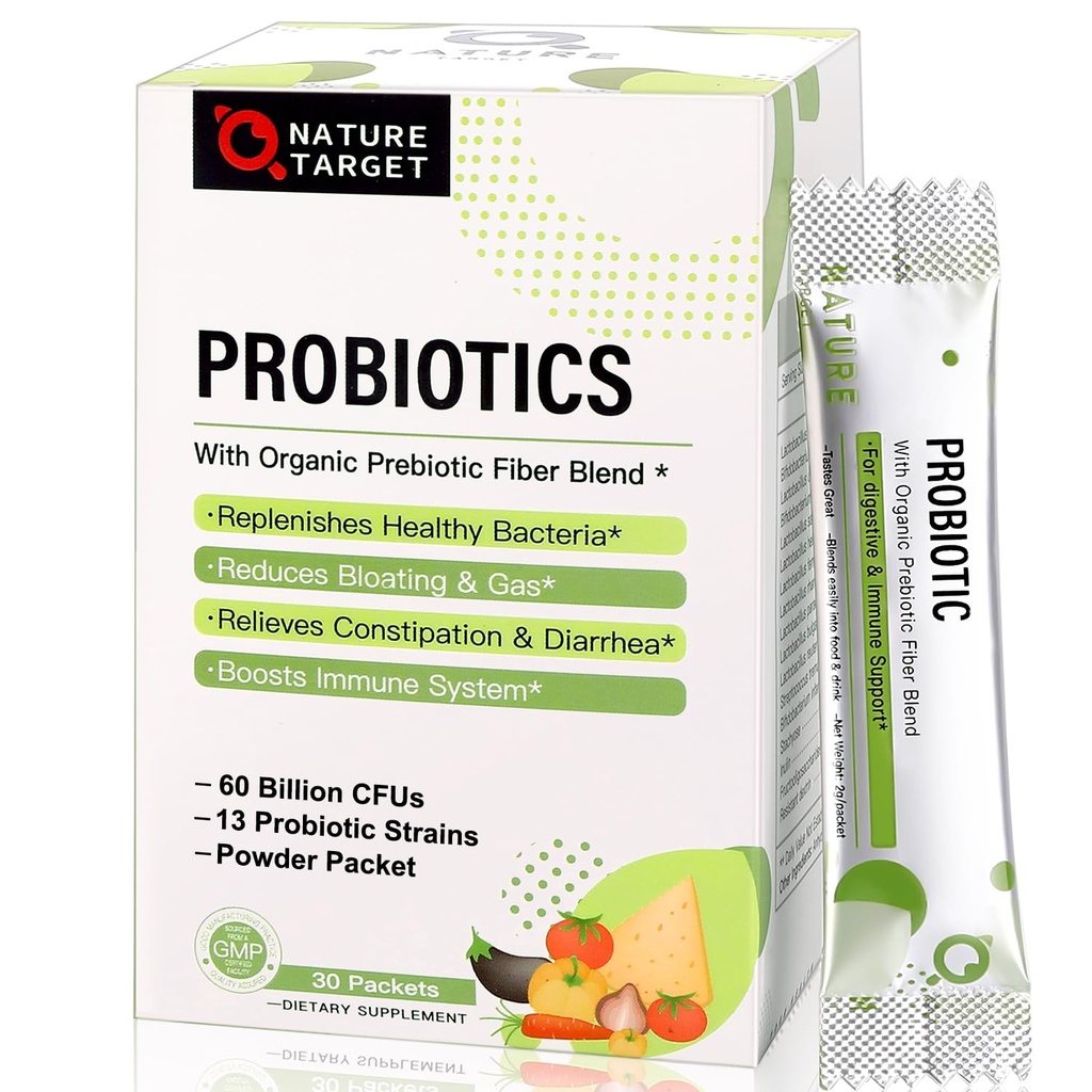 NATURE TARGET Probiotics for Women-Men-Kids Probiotic Powder 60 Billion CFUs 13 Strains - Präbiotika und Probiotika für Verdauungsgesundheit, Regal stabil, Non-GMO, Gluten Free 30 Packets