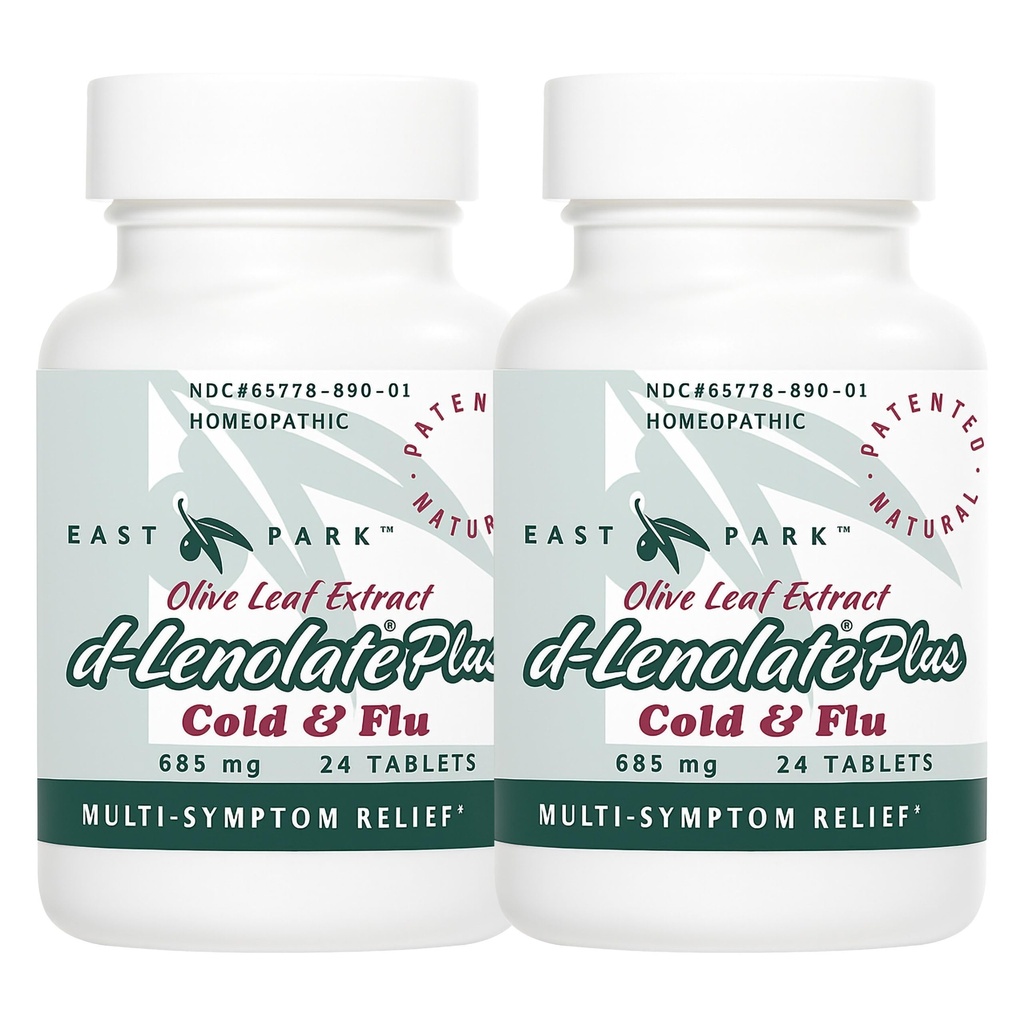 EAST PARK d-Lenolate Plus Cold & Flu Homeopathic Remedy für Erwachsene & Kinder | Immunsystem Booster mit Olivenöl Blatt Extrakt, Neem Blatt Extrakt & Echinacea | 625mg, 24 Tabletten | Non-GMO (Pack von 2)