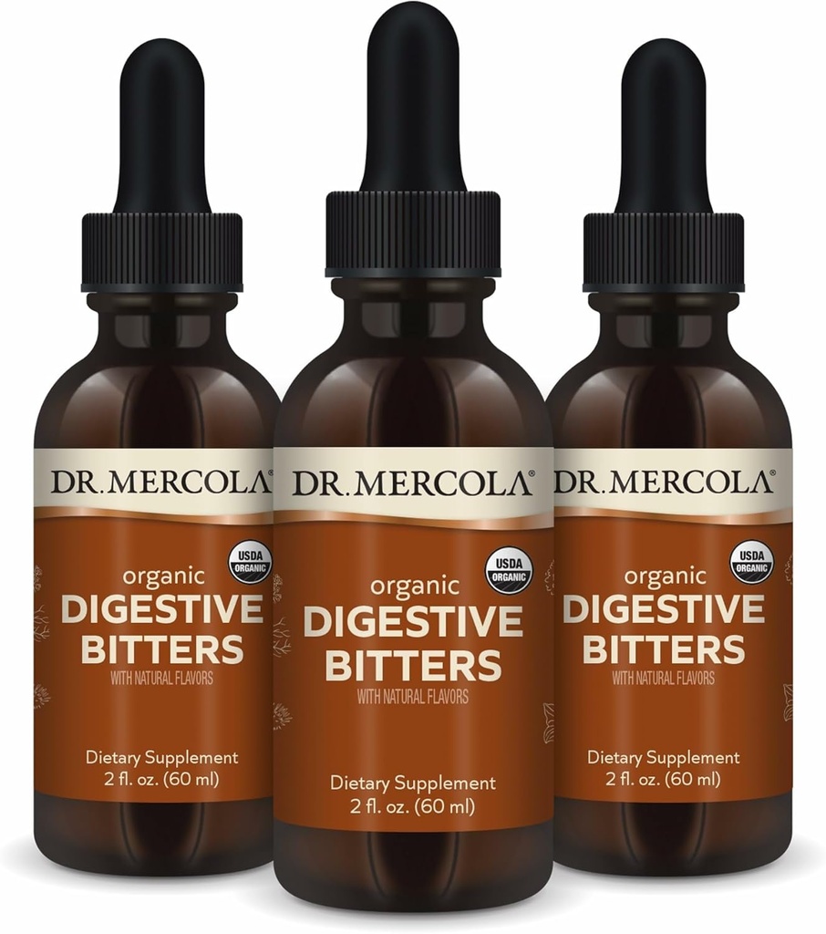 Dr. Mercola Organic Digestive Bitters Liquid Drops - Verdauungshilfe - Alkoholfreie Formel - Eigenschaften Burdock Root, Dandelion Leaf, Fennel Seed & More - 2 fl. Unze (30 Servierungen), 3 Packung