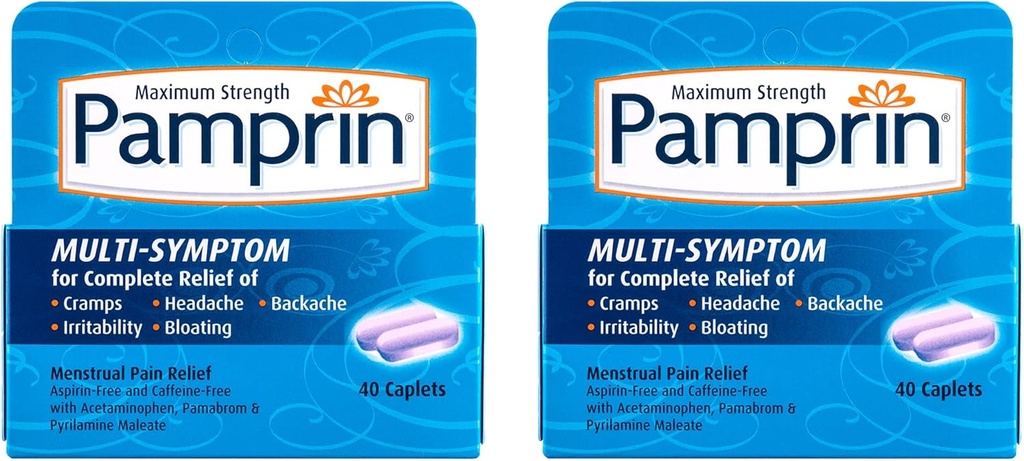 Pamprin Multi-Symptom-Formel, mit Acetaminophen, Menstruationsperiode Symptome Relief einschließlich Krämpfe, Schmerzen, Irritabilität und Bloating, 40 Caplets (Pack von 2)