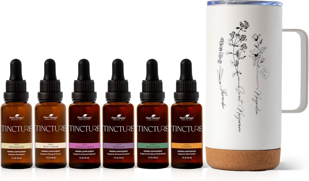 Plant Therapy Total Tincture Package Enthält 30 mL Jede von Organic Ashwagandha, Asian Ginseng, Echinacea Blend, Elderberry, Lemon Balm, Turmeric & Travel Mug