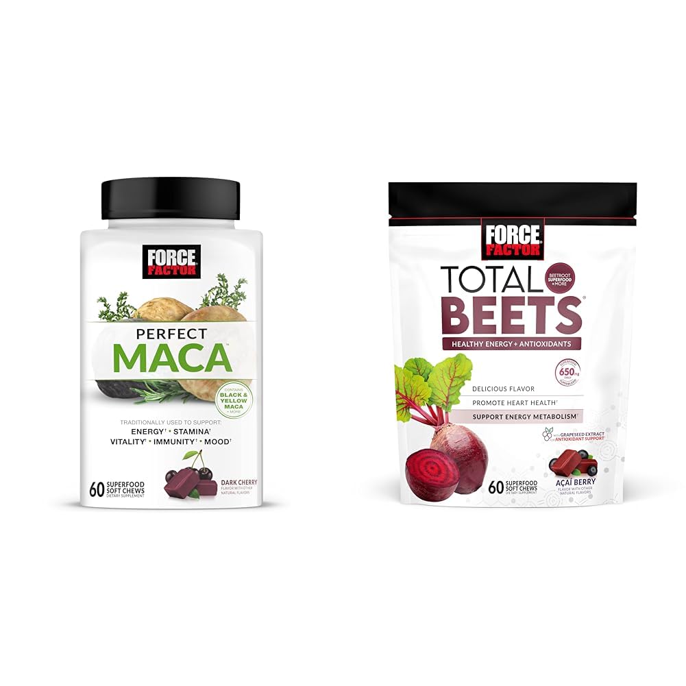 Force Factor Maca & Beet Soft Chews Bundle mit 60 Maca Chews und 60 Beet Chews für Energie, Stamina und Herzgesundheit