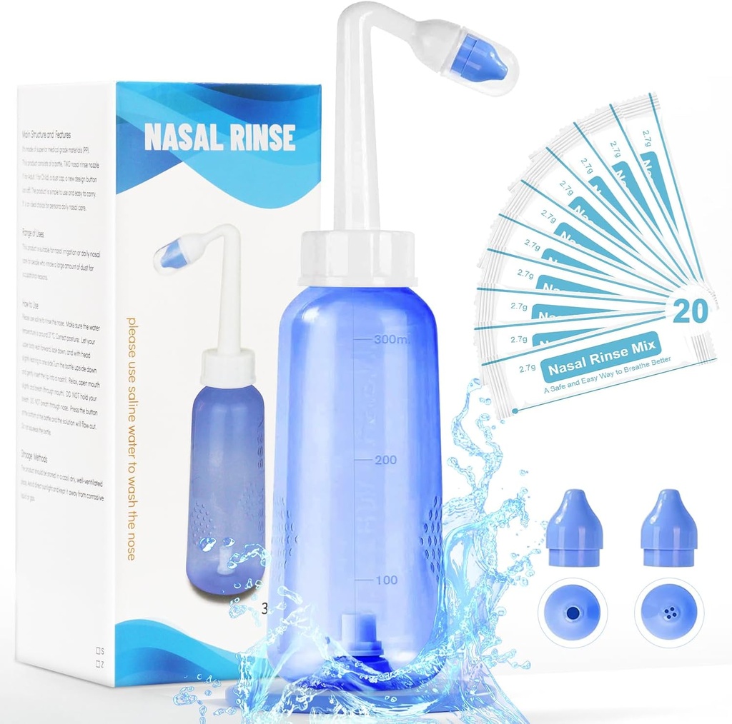 Neti Pot Sinus Rinse Bottle - Gentle Nasal Wash Bottle Nose Cleaner für effektiven Druck Irrigatio 300 ML mit 20 Nasal Wash Salt Packets