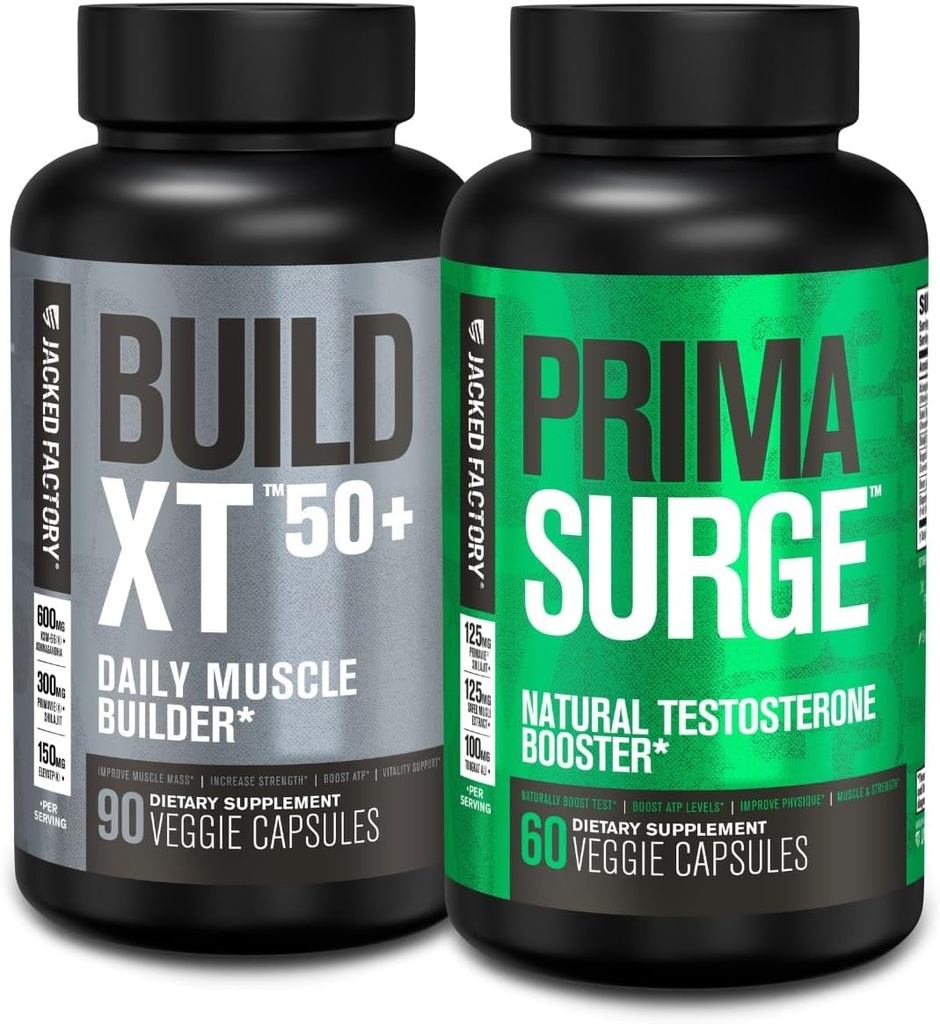 Jacked Factory Build XT 50+ Daily Muscle Builder (90 Kapseln) PRIMASURGE Testosteron Booster für Männer (60 Kapseln) für Vitalität, Muskelwachstum & Energie