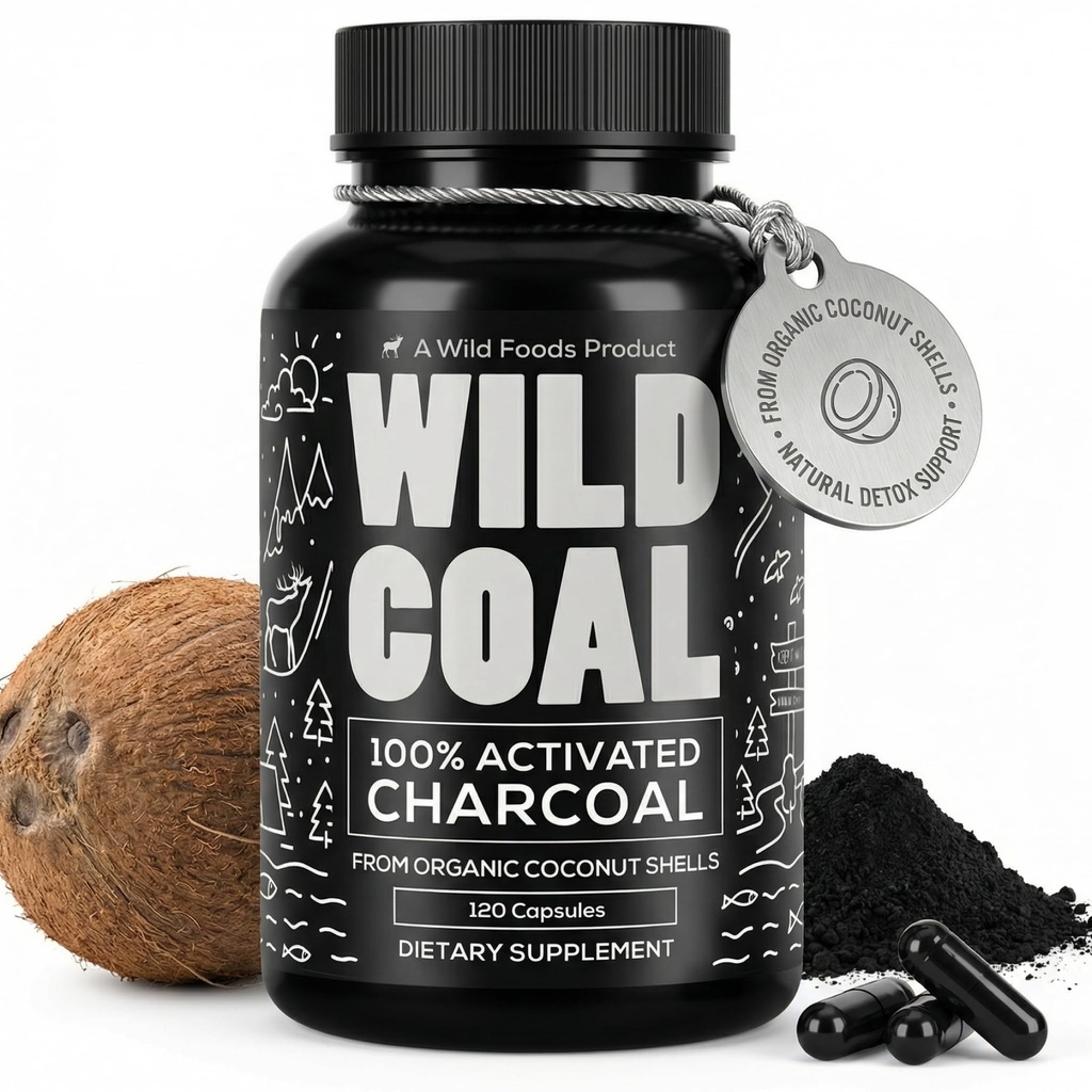 Wild Foods Activated Charcoal Capsules | 100% Organic Coconut Shells Active Tablets für Bloating & Hangover | Lab Tested & Non-GMO Detox Pills | Made in USA (120 Kapseln)