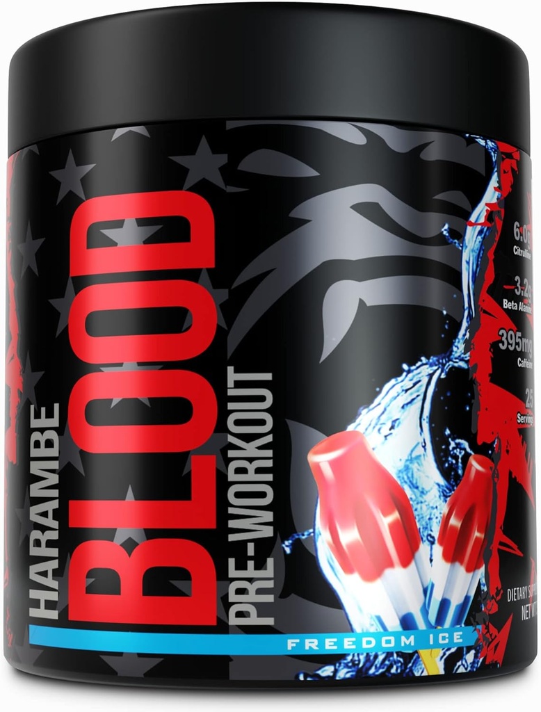 Harambe Pre Workout ✮ Extreme Preworkout Supplement für Männer und Frauen ✮ Strong Pre Workout Powder ✮ 395mg Koffein mit Dynamine ✮ Best High Stim Pre-Workout für Pumpen, Energie & Fokus (Freiheit Eis)