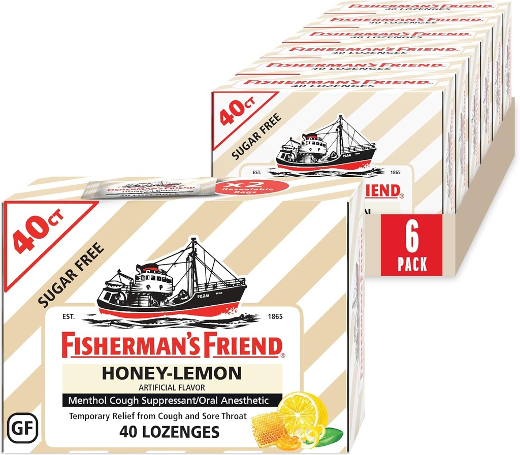 Fisherman's Friend Cough Drops, Cough Suppressant und Sore Throat Lozenges, Sugar Free Honey-Lemon, 5.52mg Menthol, 240 Drops (6 Packungen von 40)