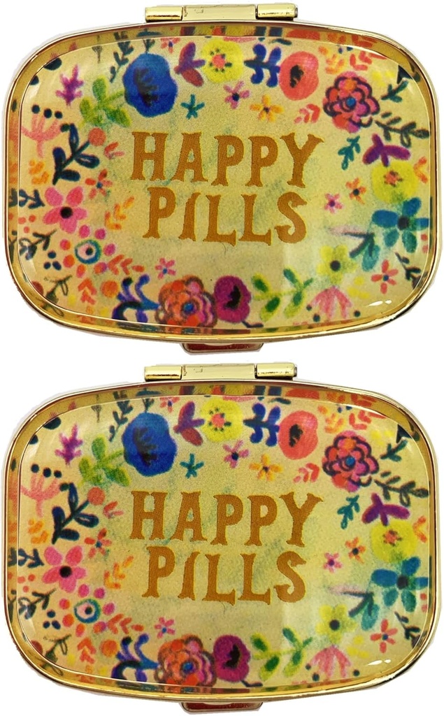 2 Packs Vintage Pill Organizer Metall Retro Pillen Boxen Süße Pillen-Gehäuse für Geldbeutel/Pocket Portable Compact Vitamine/Tylenol/Supplements/Meds/Tablet (Happy Pillen mit Spiegel innen)
