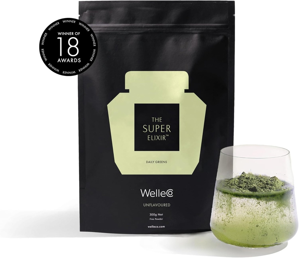 WelleCo Das Super Elixir Daily Greens Powder, Probiotic Drink Mix mit ganzer Nahrung, Glutenfrei, Vegan Gut Health Powder, Energie, Immunität, Gesunde Haut, Haar & Nails (300g, Unflavored)