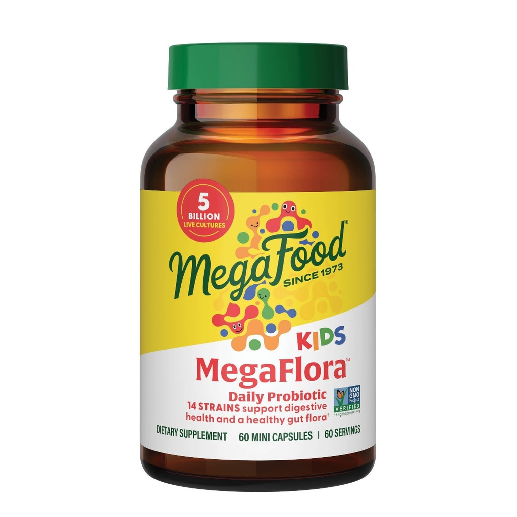 MegaFood MegaFlora Kids Probiotics - 5 Billion CFUs - Non-GMO, Vegetarisch, Hergestellt ohne 9 Lebensmittel Allergene, Probiotika für Verdauungs- 60 Mini Kapseln (60 Portionen)