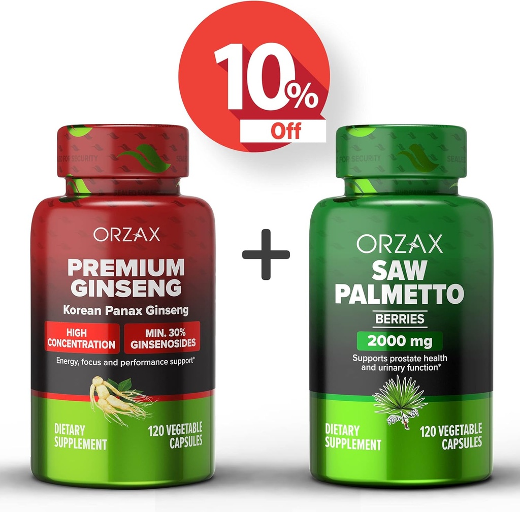 ORZAX Ginseng, 30% Ginsenosides 120 Vegatable Capsules and Saw Palmetto 2000 mg 120 Vegetable Capsules, Bundle