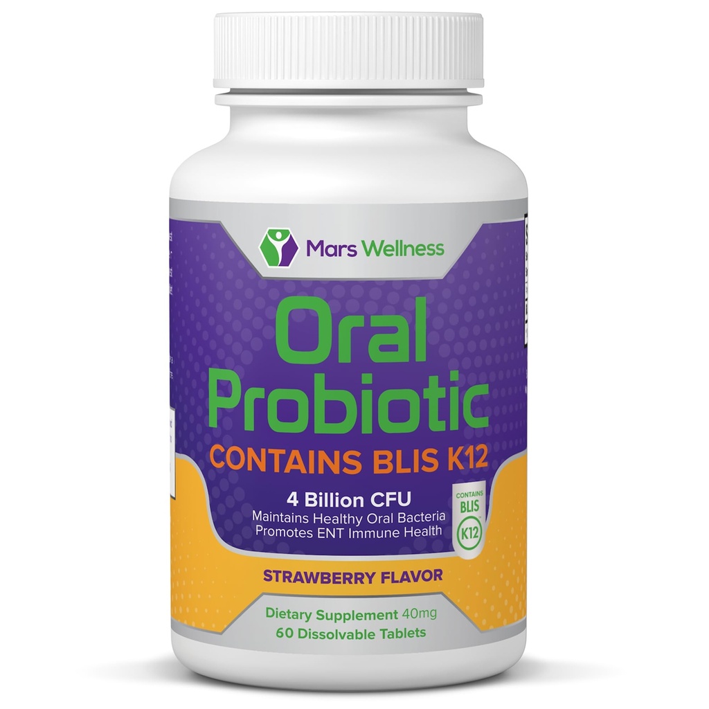 Oral Probiotic Supplement with BLIS K12 4 Billion CFU - Now Dairy Free 60 Day Supply Bottle for Bad Breath, Strep, Cavities, Gum Oral and Dental Health - Sugar Free - USA Made - 60 Count