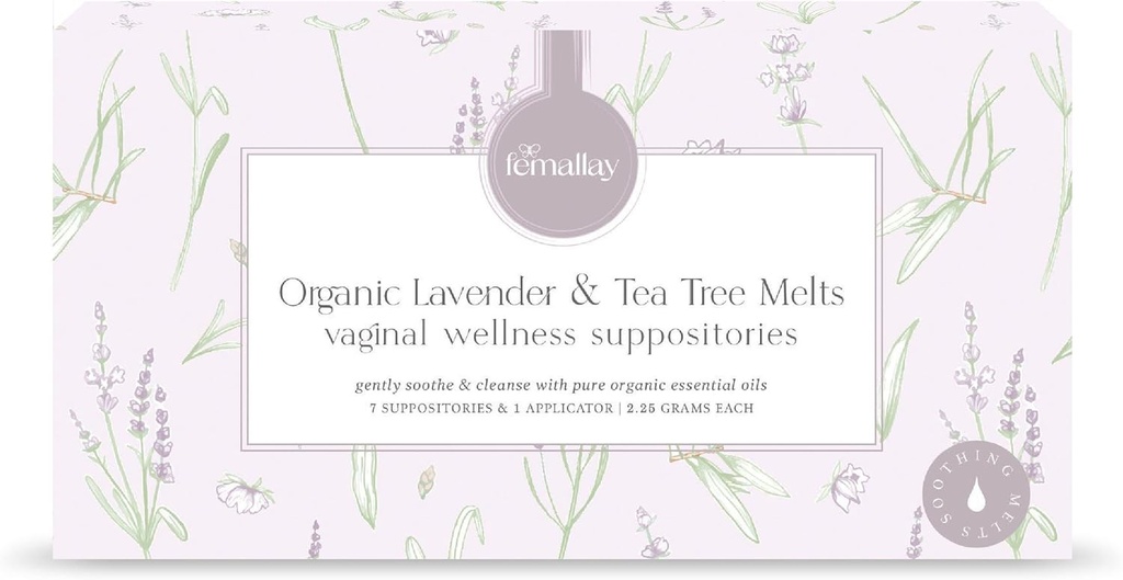 Femallay Organic Lavender and Tea Tree Oil Vaginal Cleansing Suppositories for Hygiene, 100% natürliche Melts für Feminine Care, groß für Trockenheit und mehr, 7 individuell gesiegelte Melts + 1 Applicator