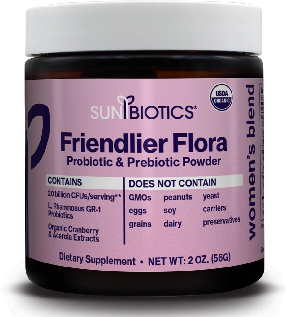 SUNBIOTICS Friendlier Flora - Frauen-Mischung, 20 Milliarden CFUs von 6 Probiotischen Strainen, Frauen tägliche Verdauung Vaginal & Immune Gesundheit, Non-GMO und Gluten frei, 2 Unze