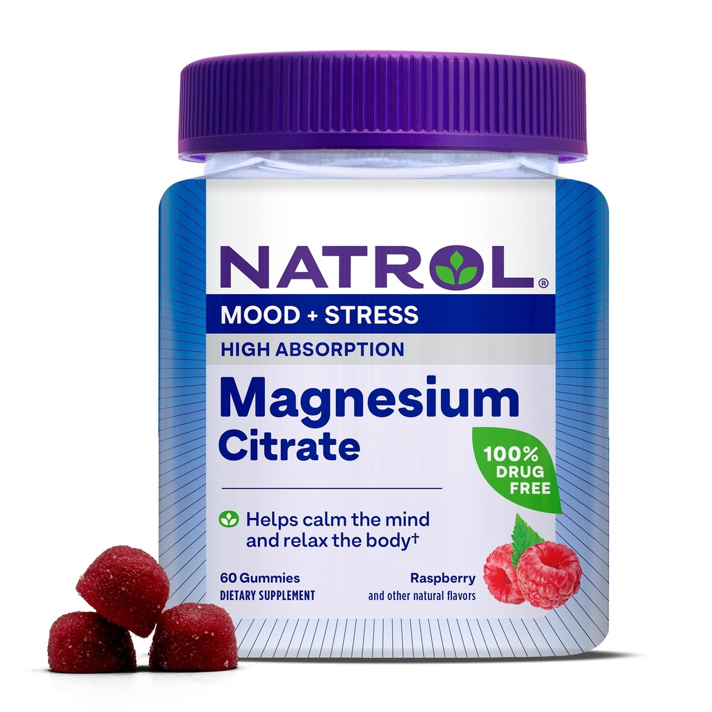 Natrol Magnesium Citrat, hohe Absorption Magnesium-Ergänzung für Stimmung und Stress, hilft, den Geist zu beruhigen und den Körper zu entspannen, 60 Raspberry-Flavored Gummis, bis zu einer 30-Tage-Versorgung