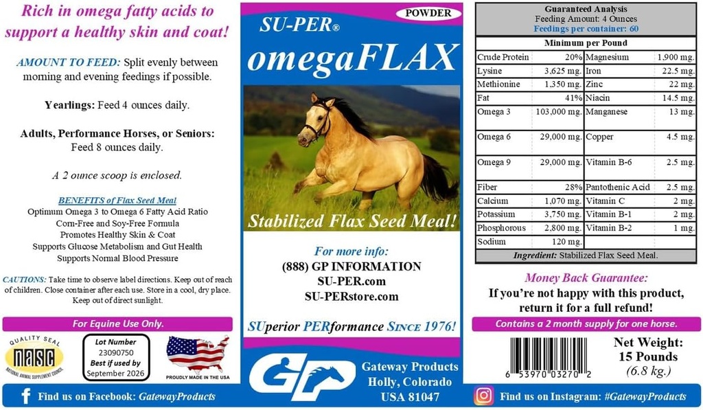 SU-PER OmegaFLAX Flax für Pferde - Premium stabilisierte Flax Seed Meal & Omega 3 Supplement - Unterstützt gesunde Haut & Coat - 15 Pfund