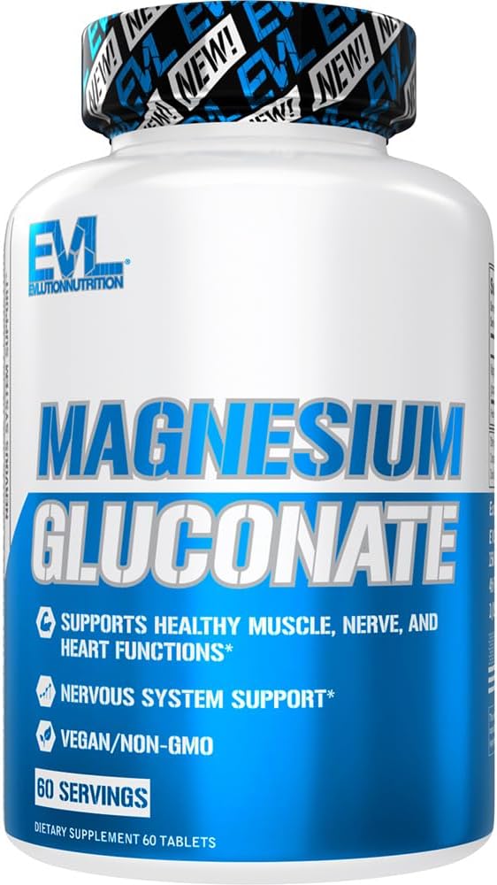 Evlution Nutrition Magnesium Gluconate - Muskel + Nerve + Herzgesundheitsergänzung - Nervous System Support - Vegan & Non-GMO - 60 Servierungen