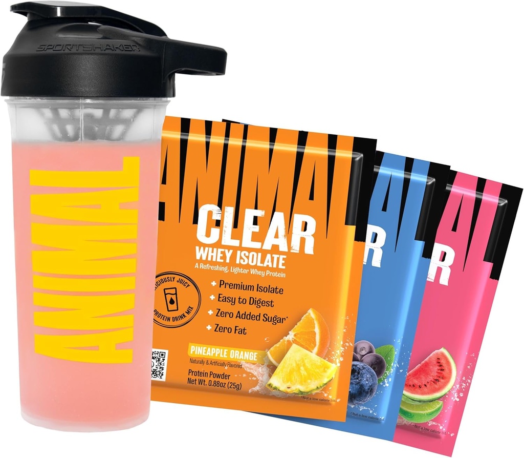 Animal Clear Whey Protein Isolate Sampler Pack & Shaker Bottle - Deliciously Juicy 20g Protein, Watermelon Limeade, Blueberry Acai, Ananas Orange, 3 Single-Serving Packets