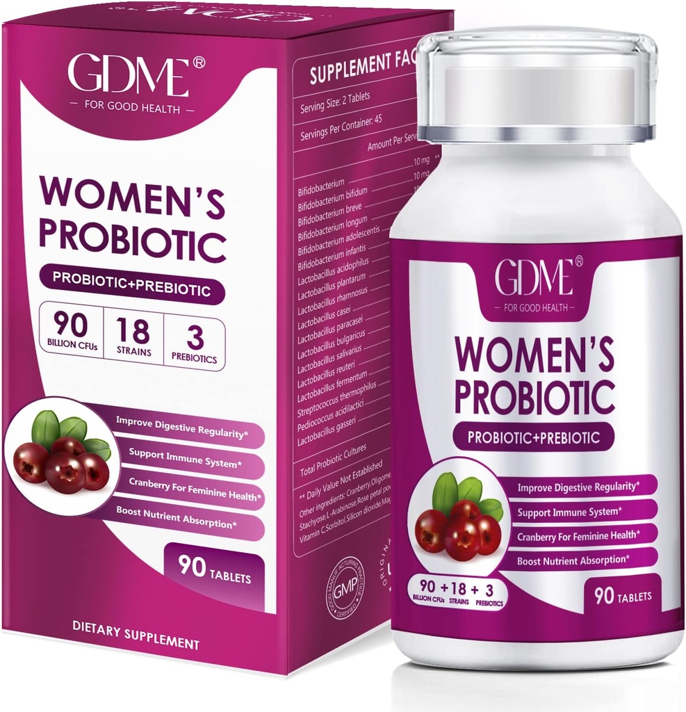 GDME Women's Probiotics, 90 Tabletten 90 Billion CFU 18 Strains, Enthält Organische präbiotische Cranberry,Probiotische Ergänzung für Verdauung, Immunität, Frauengesundheit, Soy Gluten Dairy kostenlos