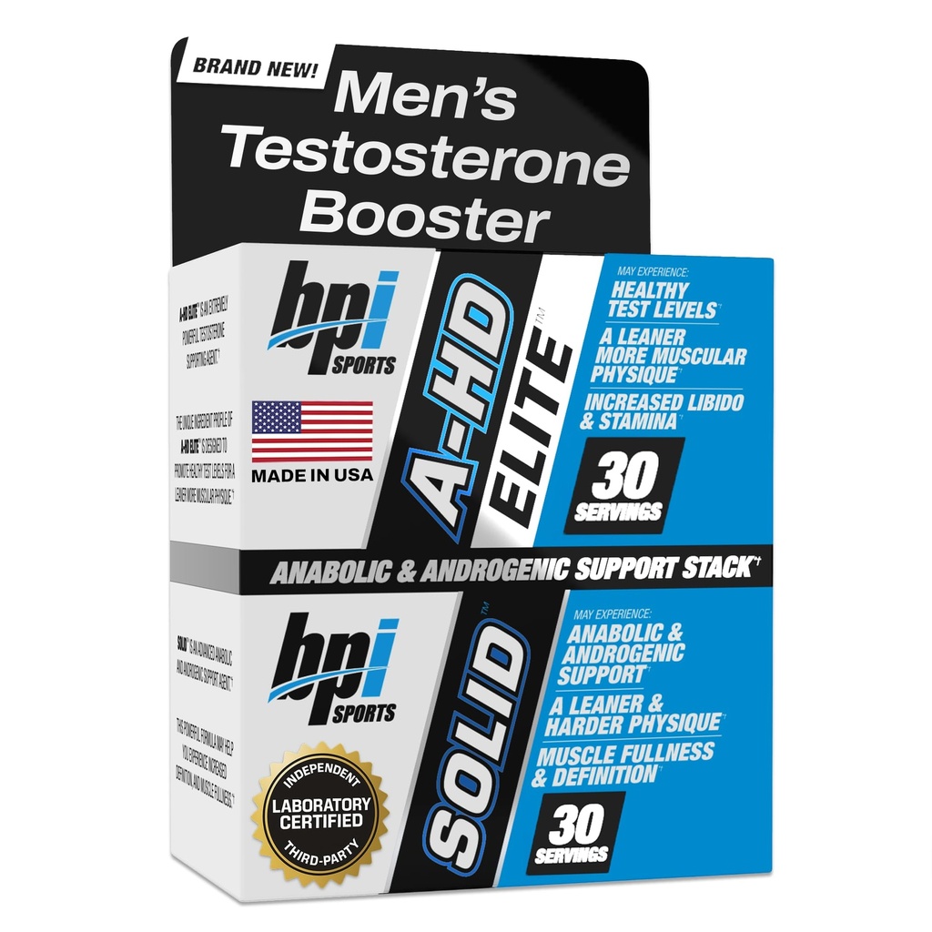 BPI Sports A-HD Elite/Solid Testosteron Booster für Männer - Testosteron-Ergänzung für Muskel, Stärke, Libido & Performance-Unterstützung - Fördert natürliche Fettverluste – 30 Portionen – 550mg