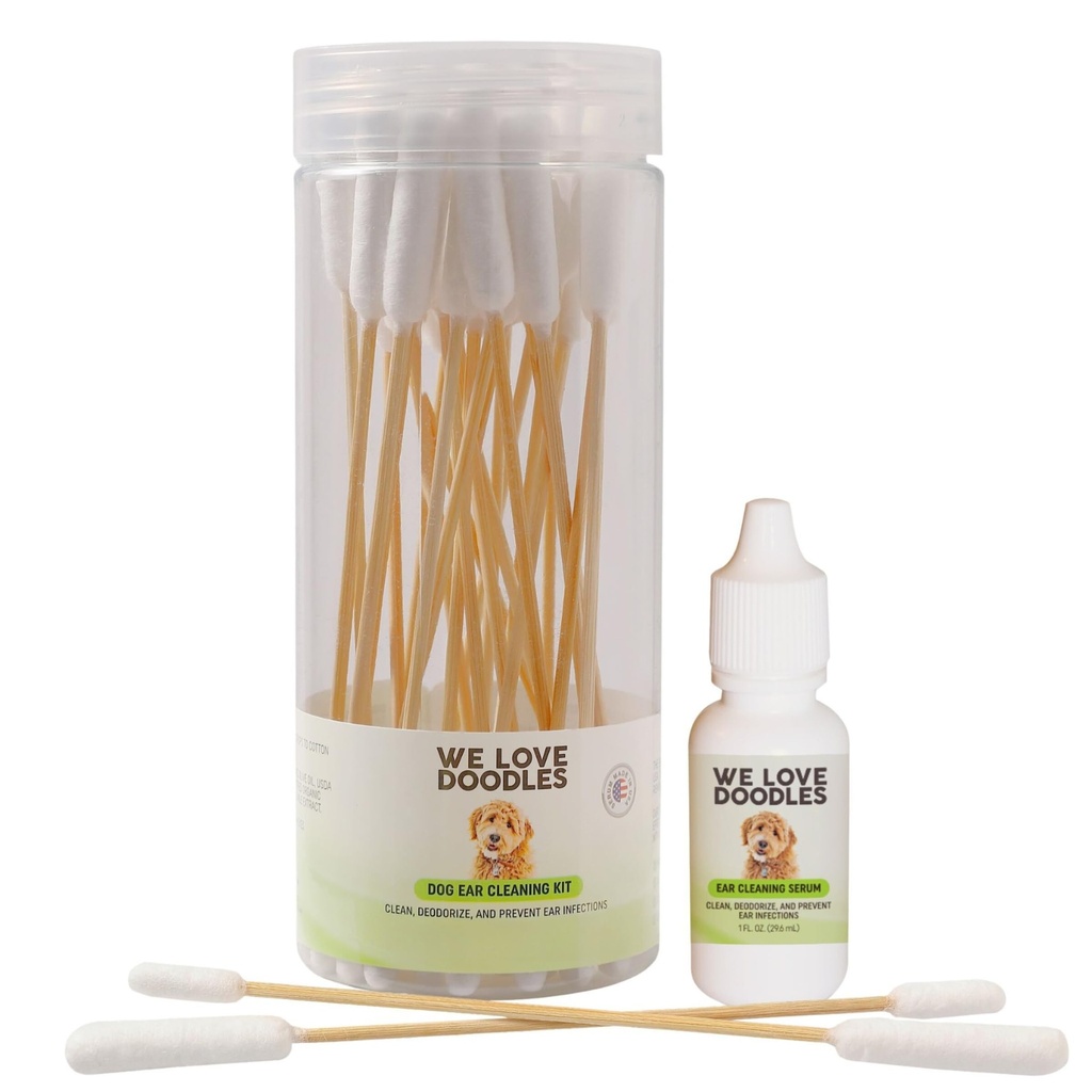 Wir lieben Doodles Hundereinigungs-Lösungs-Kit | Vorbeugen Infektionen | Natürlich | Made in USA | Ohr Tropfen für Hunde | Juckreiz, Deordoring, Hefe & Mites Infektion (Serum + 25 Swabs)