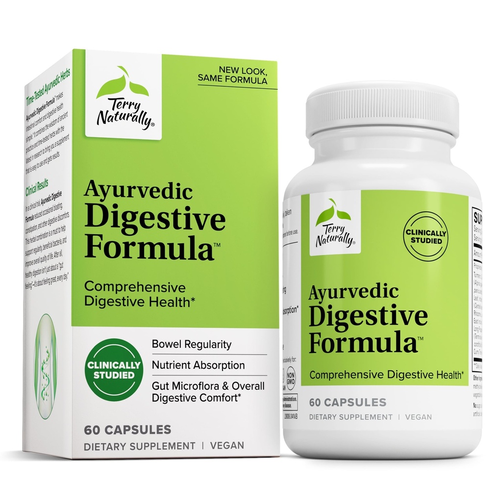Terry Naturally Ayurvedic Digestive Formula - Verdauungsunterstützung für Regelmäßigkeit - Unterstützung für Bowel Health - Nährstoffabsorptionsunterstützung - Unterstützung Gut Health & Gut Microflora - 60 Kapseln