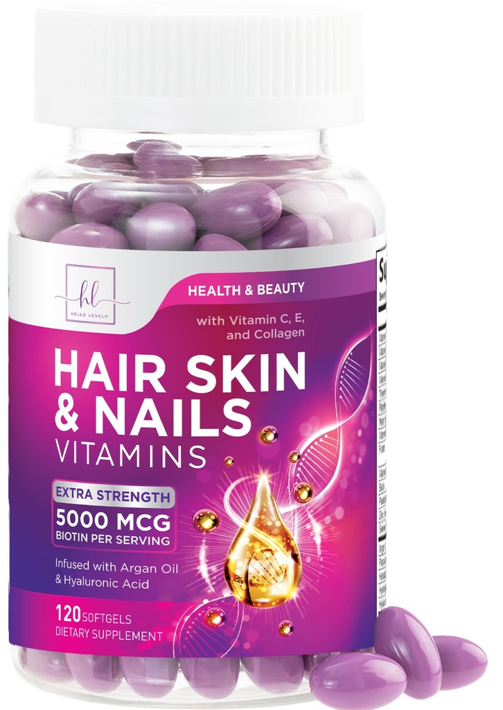 Haare, Haut und Nägel Vitamine für Frauen - Biotin 5000mcg zu unterstützen Haarwachstum mit Argan Öl, Collagen & Hyaluronsäure, schön, stärker Haut, Haar & Nägel Vitamin Supplement - 120 Softgels