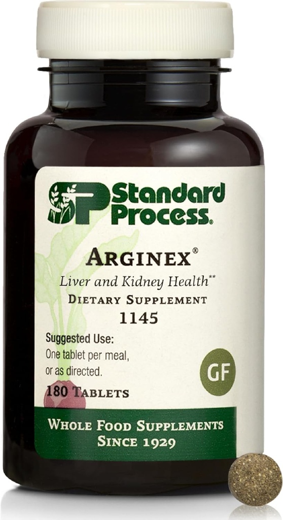 Standard Process Inc. Arginex - Ganze Lebensmittelformel für Körperreinigungsorgane - Leberunterstützung und Nierengesundheitsergänzung mit Vitamin A, Hafermehl, Buchweizen und Ascorbinsäure - 180 Tabletten