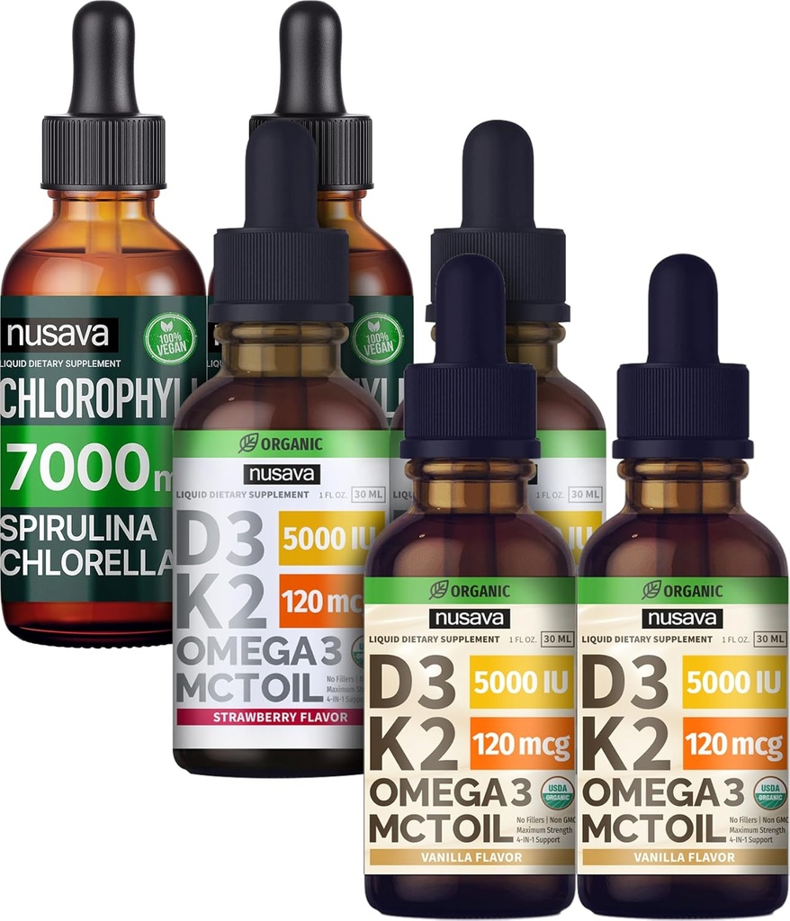 NUSAVA Erdbeeren Flavored D3 K2 Tropfen, Vanille Flavored D3 K2 Tropfen, & Chlorophyll Flüssigkeitstropfen Bundle - Potente flüssige Vitamine für Herz, Gelenk, Energie, & Immununterstützung - Non-GMO, Gluten-Free, 2pk