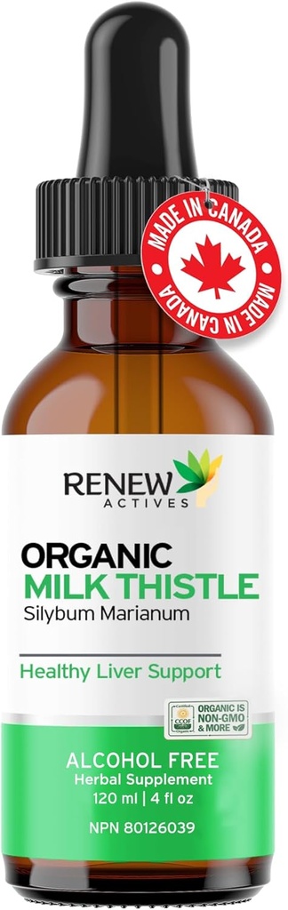 Renew Actives Milk Thistle Liquid Extract 110MG pro 2ML – Liver Support Drops für optimale Gesundheit – Kein Alkohol, Non-GMO, Vegan – unterstützt Leberfunktion und Verdauungsgesundheit – Made in Canada – 4 fl oz
