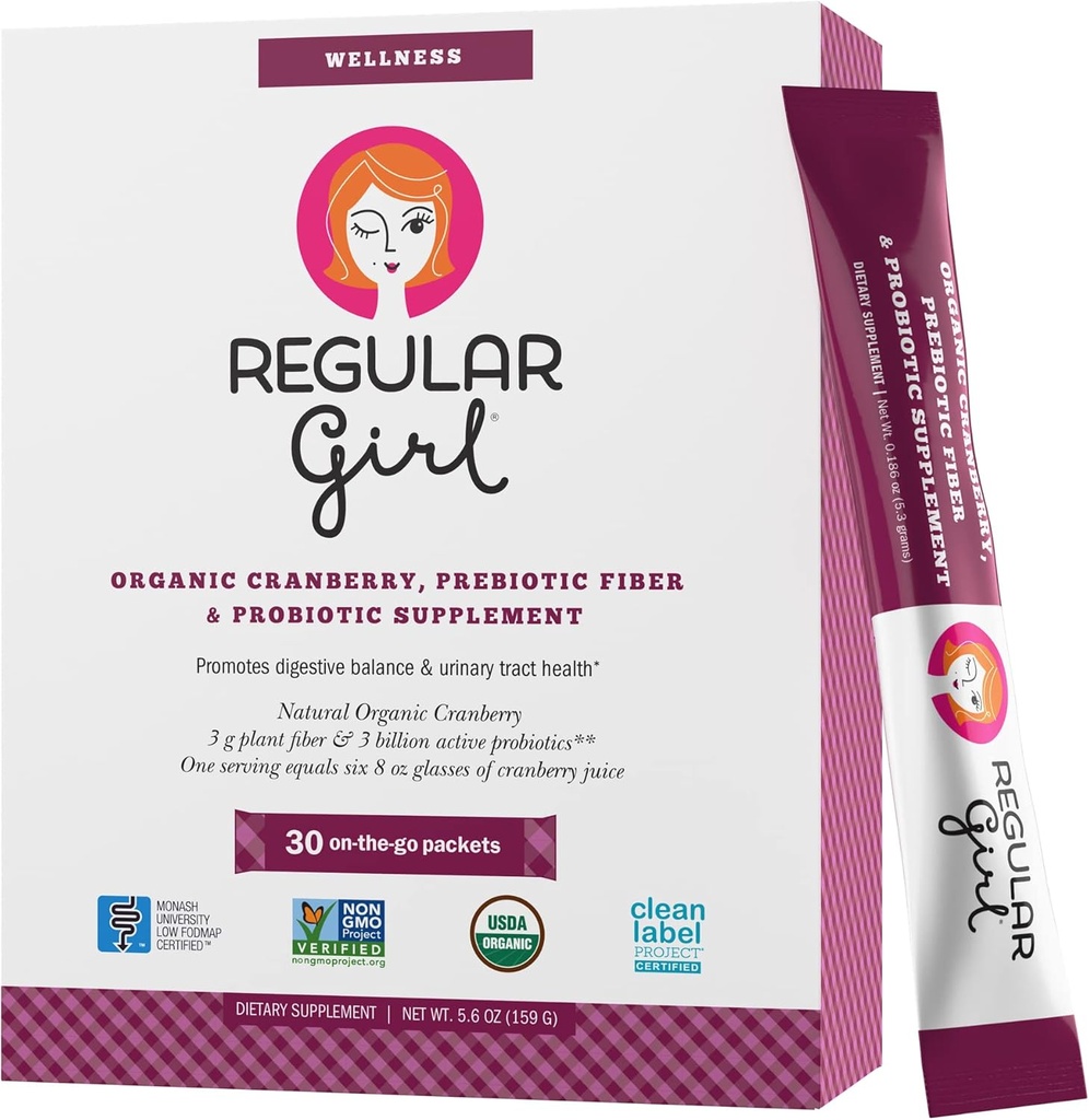 Regular Girl Wellness - Organic Cranberry, Prebiotic Fiber & Probiotic Supplement, 30 Portionen