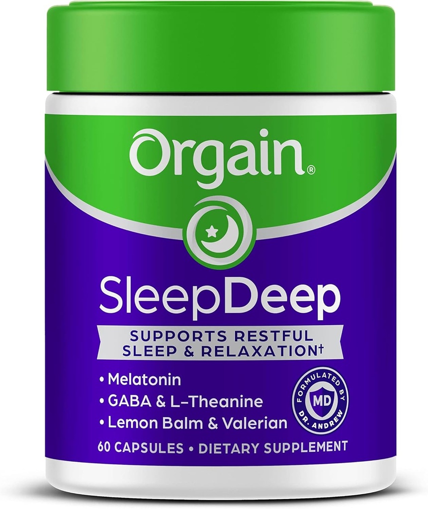 Orgain SleepDeep, Melatonin Schlafhilfe-Ergänzung mit Magnesium, GABA, L-Theanin, L-Tryptophan, Kamille, Lemon Balm & Valerian Root, Glutenfrei, Doctor Formuliert - 60 Count, 30 Tage Versorgung