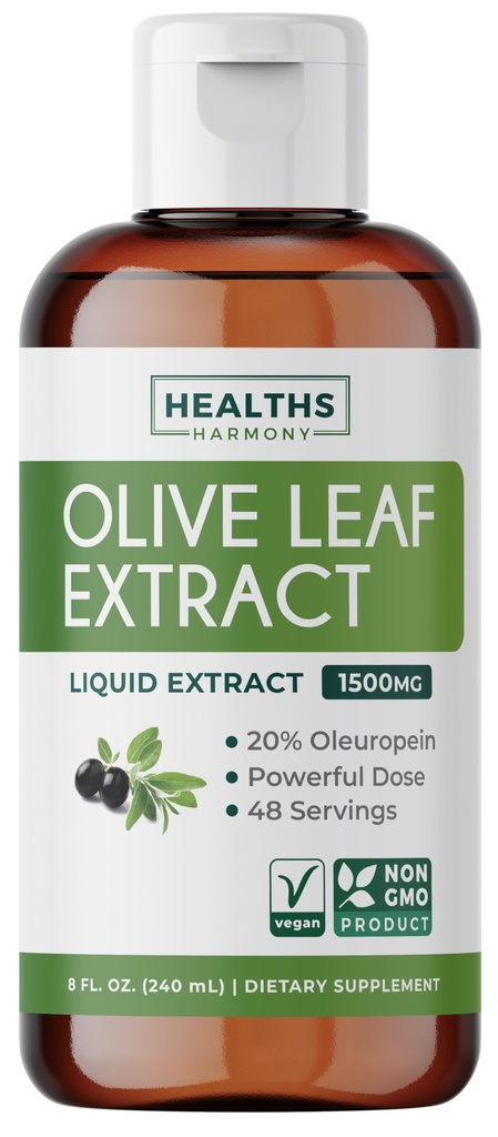 Olivenöl Blattextrakt (Non-GMO) Super Strength: 20% Oleuropein - 1500mg - Vegetarisch - Immununterstützungsergänzung, Hautgesundheit und Leistungsstarke Antioxidantien Supplement - Flüssiger Extrakt - 8 Fl Oz