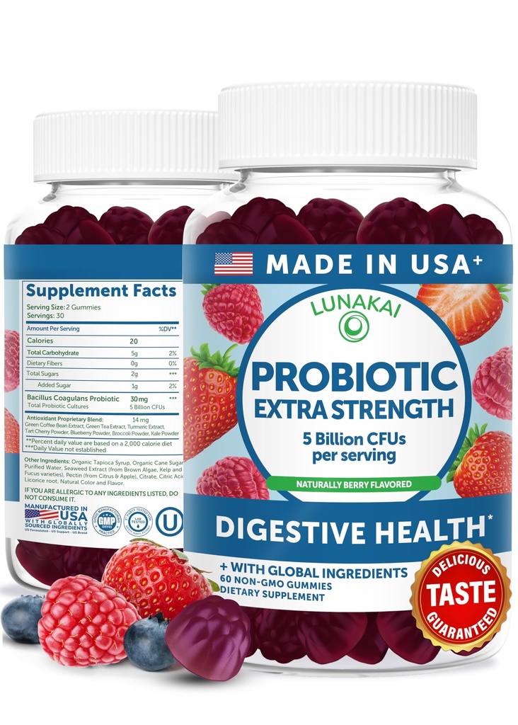 Lunakai USA Made Probiotic Gummies - 5 Billion CFUs, Vegan, Non-GMO, Gluten-Free - Verdauungs- und Immununterstützung für Damen und Herren - 60 Kaugummis