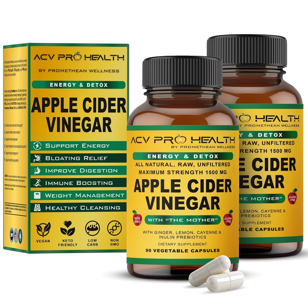 2-Pack ACV Pro Apfel Apfel Apfelessig Kapseln Certified Organic mit Mutter ACV Pillen Detox Cleanse Säure Reflux Unterstützung Ergänzung Ginger Root Cayenne Pfeffer Pulver