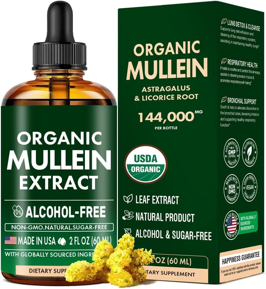 Mullein Drops für Lunge, Mullein Leaf & Licorice Extract Support Lung Cleanse & Healthy Breathing, Bio Mullein Leaf Tinkture Herbal Supplement, keine Additive Mullein Extract Drops 2 fl Oz 60Ml