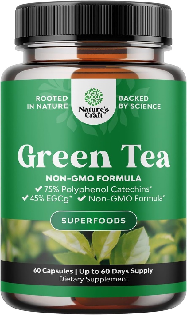 Grüner Tee Extrakt Kapseln - 500mg reines Blatt Grüner Tee Koffein-Ergänzung - EGCG, Koffein-Extrakt & Polyphenole-Ergänzung für gesunde Stoffwechselunterstützung für Frauen und Männer - Natürliche Detox - 60 Count