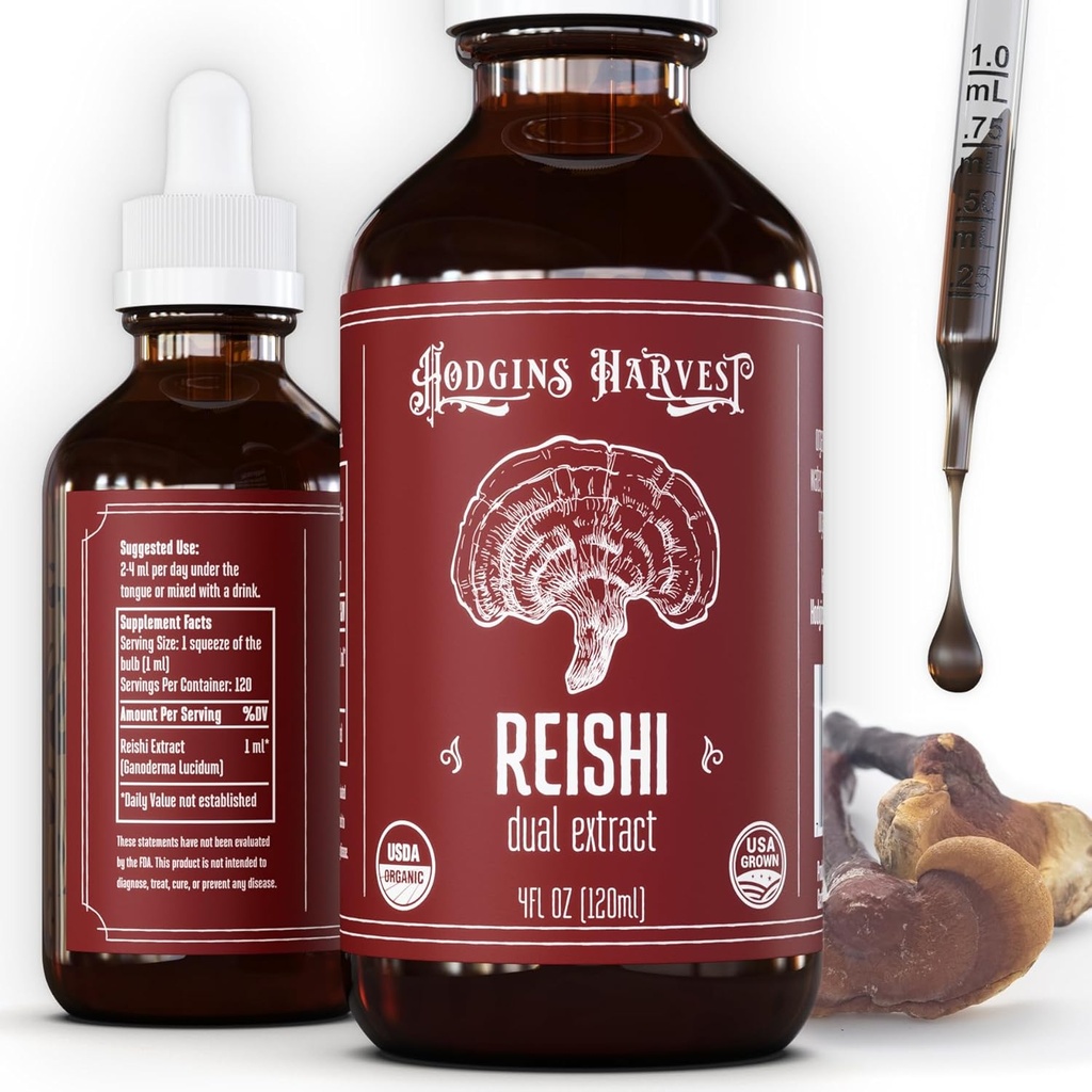 Hodgins Harvest Organic Reishi Mushroom Fruiting Body Extract Tincture - Extra Concentrated Dual Extract Supplement - Unterstützt Herzgesundheit & Wellness - USDA Bio Pilze - 4 Unze