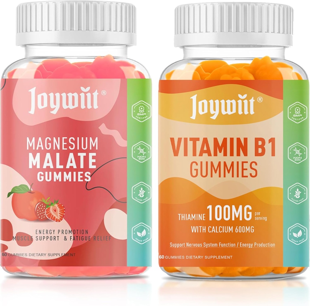 Magnesium Malate + L-Theanin + CoQ10 + B6 (Strawberry) & Thiamine B1 + Calcium (Orange) Gummie, Stress Relief, Energie, Nerve & Bone Unterstützung, Vegan Non-GMO, 120 Chewables (2×60)