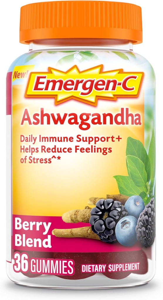 Emergen-C Vitamin C und Ashwagandha Gummis, Nahrungsergänzung für Immununterstützung, Berry Blend, Zurück zu Schule Essentials - 36 Count