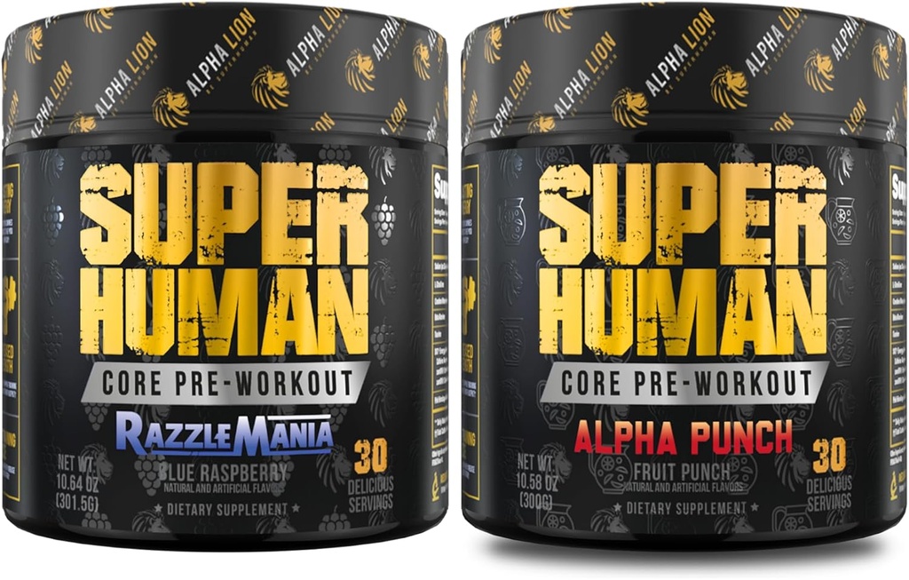 ALPHA LION Core Pre Workout Powder Bundle für Pumpe & Tri-Source Koffein für nachhaltige Energie, Obst-Punch & Blau Himbeer-Flaschen (30 Portionen pro Stück)