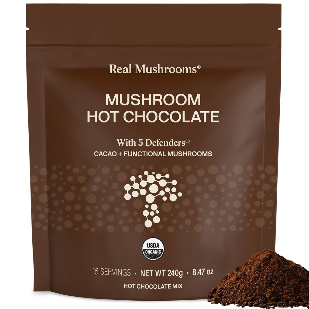 Echte Pilze Bio-Hohe Schokoladenmischung mit Reishi, Türkei-Tail, Chaga, Shiitake, Maitake – Cacao-Pulver Bio-Mushroom– 5 Defenders Pilz Cacao-Pulver, Vegan, Glutenfrei, 15 Servierungen
