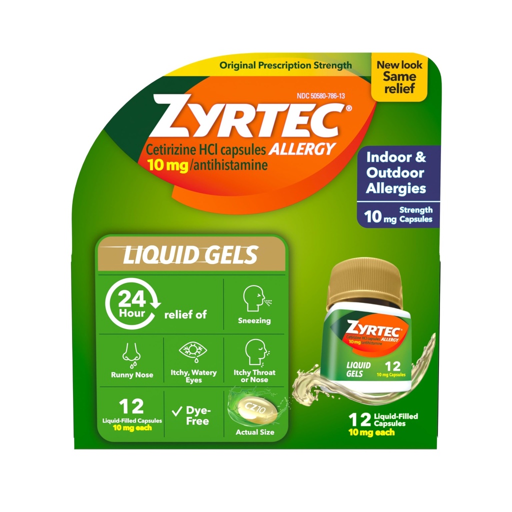Zyrtec 24 Hour Allergy Relief Liquid Gels, Antihistamin Kapseln mit Cetirizine HCl Allergie Medizin für All-Day Relief von Runny Nose, Sneezing, Itchy Eyes & More, 12 Count