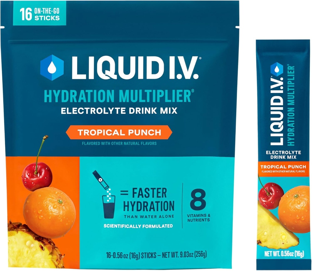 Liquid I.V.® Hydration Multiplier® - Tropical Punch - Hydration Powder Packets | Elektrolyt Pulver Getränke Mix | Günstig Single-Serving Sticks | Non-GMO | 16 Portionen (Pack von 12)