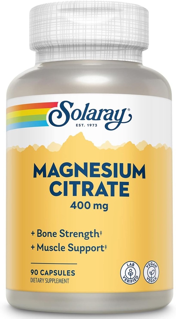 Solaray Magnesium Citrat - Reine Magnesium Citrat Kapseln, Ergänzung für Kalorien, Knochengesundheit, Zelluläre Energie, Herz- und Muskelunterstützung, 400mg pro Servierung - 90 Vegan Kapseln (Pack von 2)