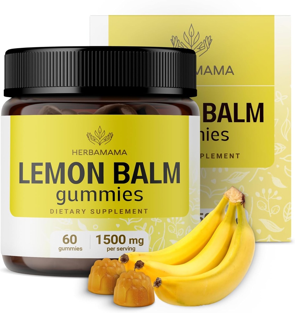 HERBAMA Lemon Balm Calming Gummis - 1500mg Lemon Balm Blatt für Entspannung - Vegan Non-GMO Melissa Officinalis Supplement - 60 Pectin-Based Banana-Flavored Chews