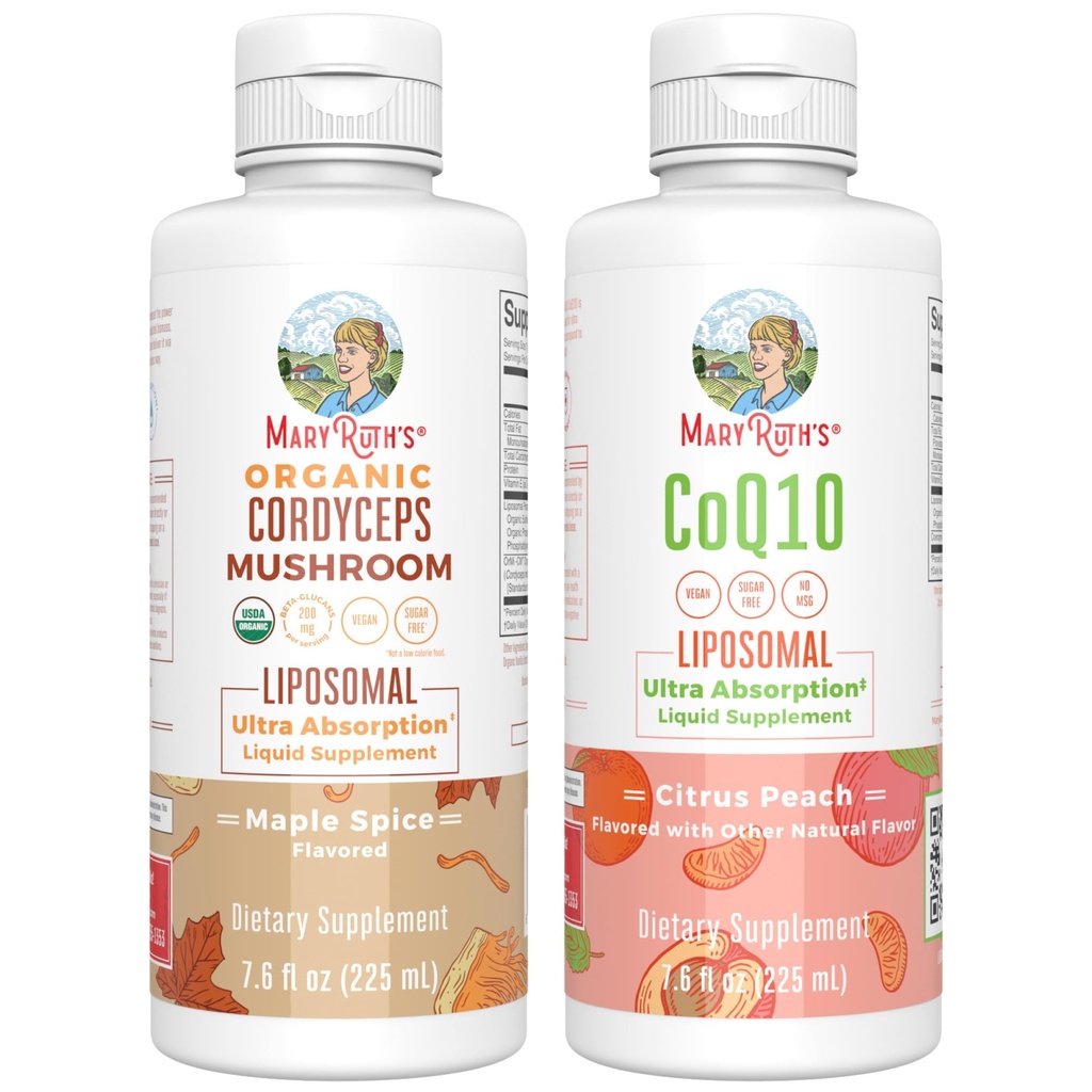 MaryRuth Organics Cordyceps Liposomal (Maple Spice) & CoQ10 (Citrus Peach) | Clean Label Project Verified® | Vitamine für Immunität, Herzgesundheit, & Gesamt Wellness | Vegan, Non-GMO, Glutenfrei
